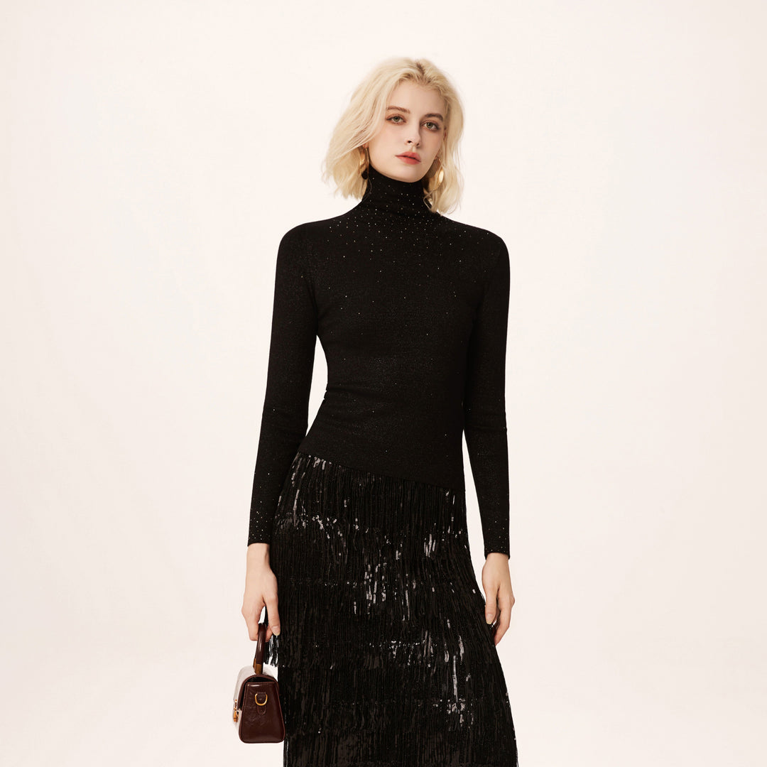 Solelegia High Neck Lace-Panel Beaded Slim Wool Knit Sweater
