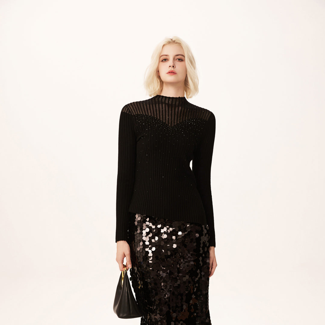 Solelegia Half Turtleneck Beaded Fine Merino Wool Knit Sweater | Hand-Embellished Rhinestone Knitwear