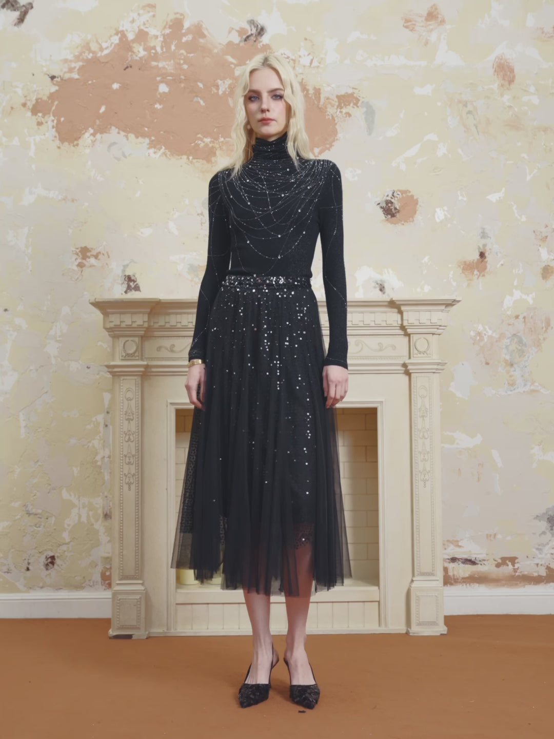 Solelegia Black Glitter Gauze A-Line Skirt for Party & Evening
