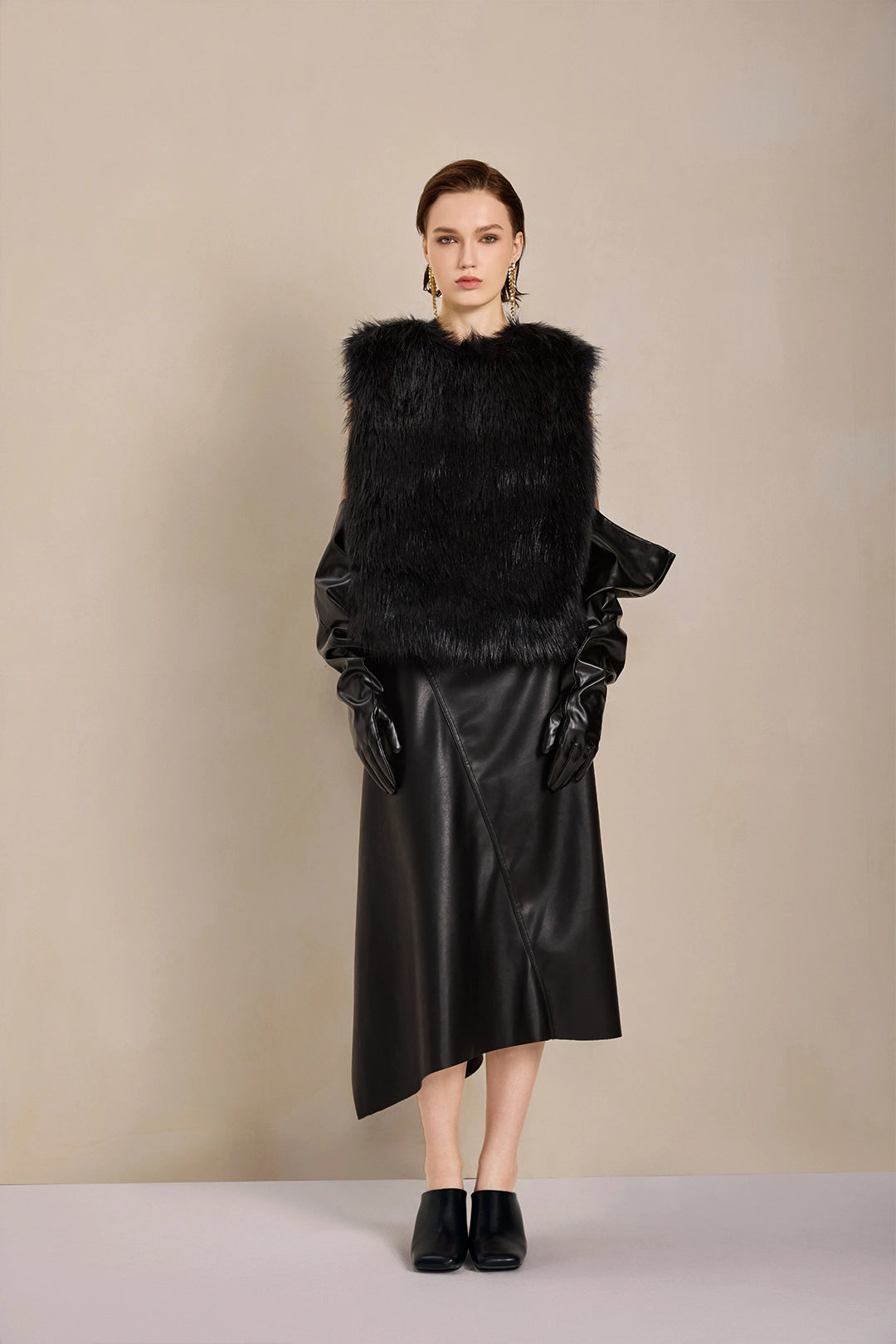 Front view of Solelegia Women's Long Hair Faux Fur Vest, soft and warm winter layering