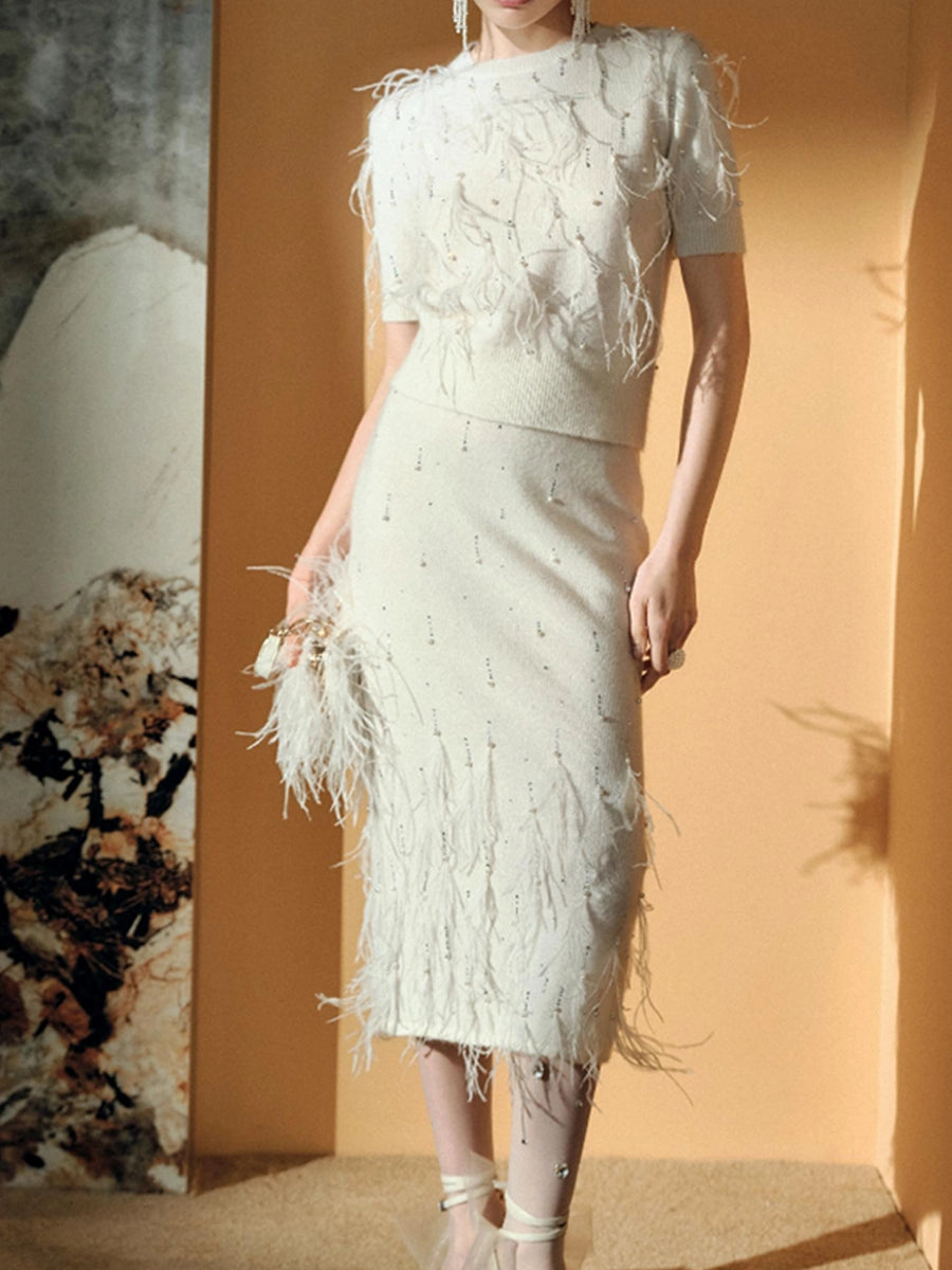 Stellaria Feathered Mohair Maxi Skirt | Luxury Wool Blend with Crystals & Beads