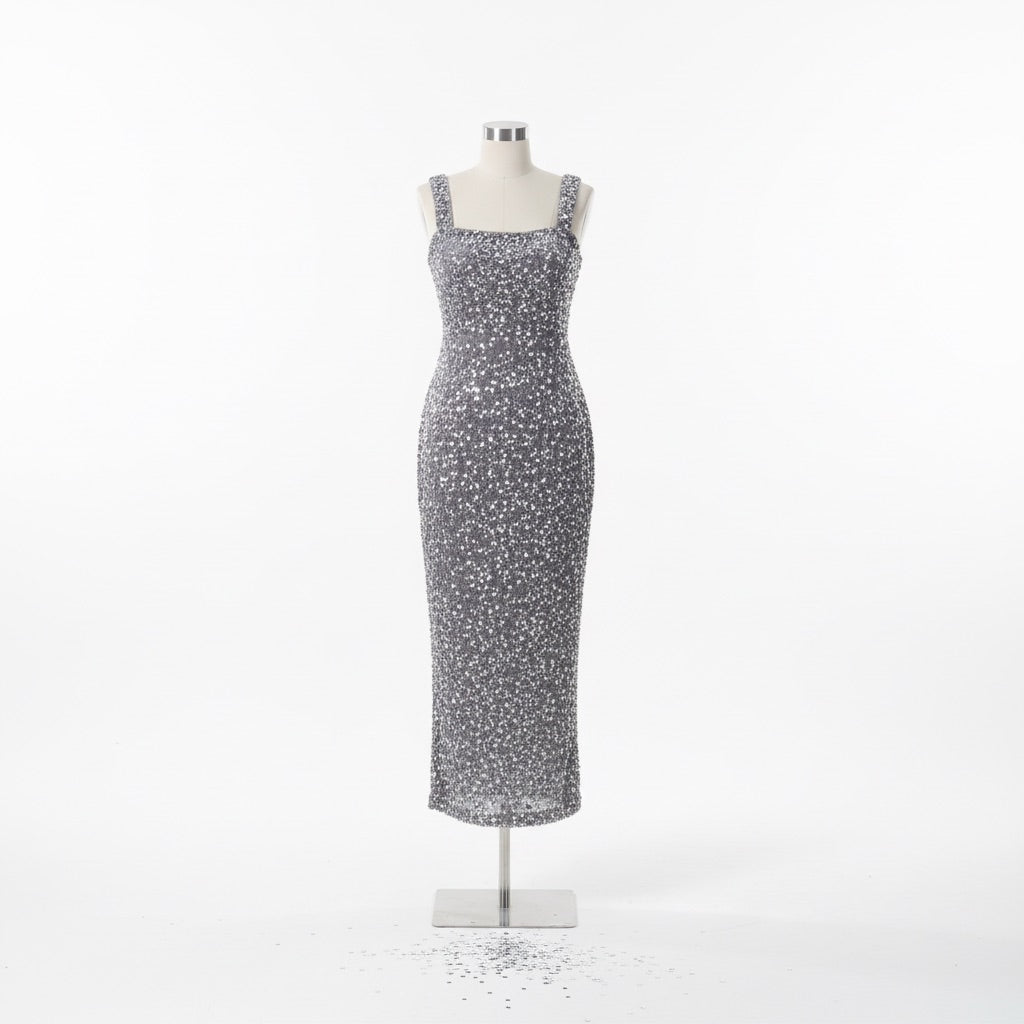 Off-shoulder Elegant Silver Sequined Bodycon Evening Gown