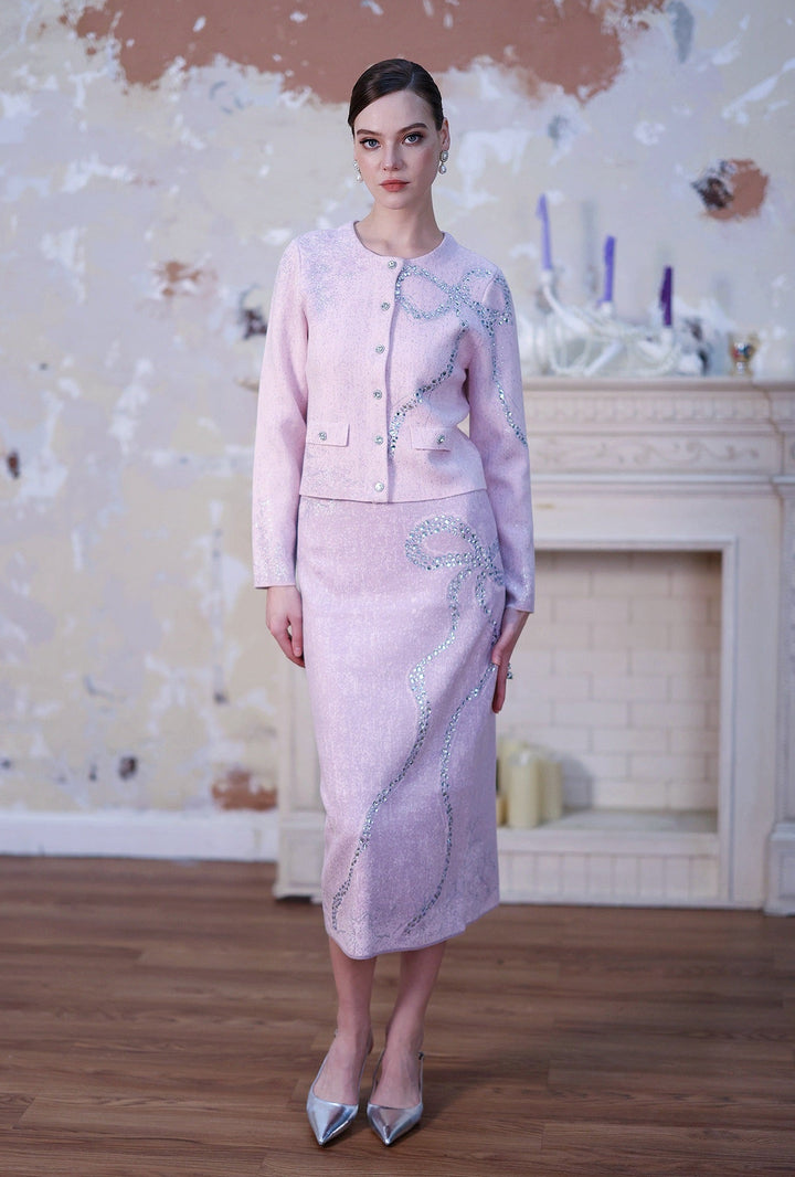 Diamond-Embellished Bow Elegant Pink Gray Knit Cardigan Top