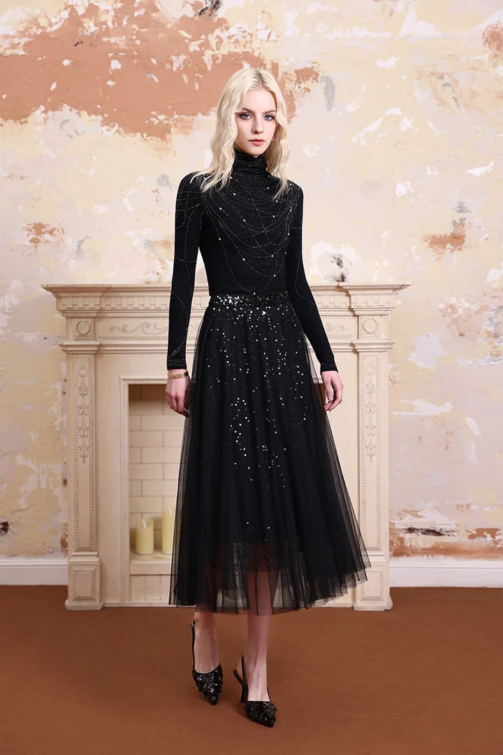 Solelegia Black Glitter Gauze A-Line Skirt for Party & Evening