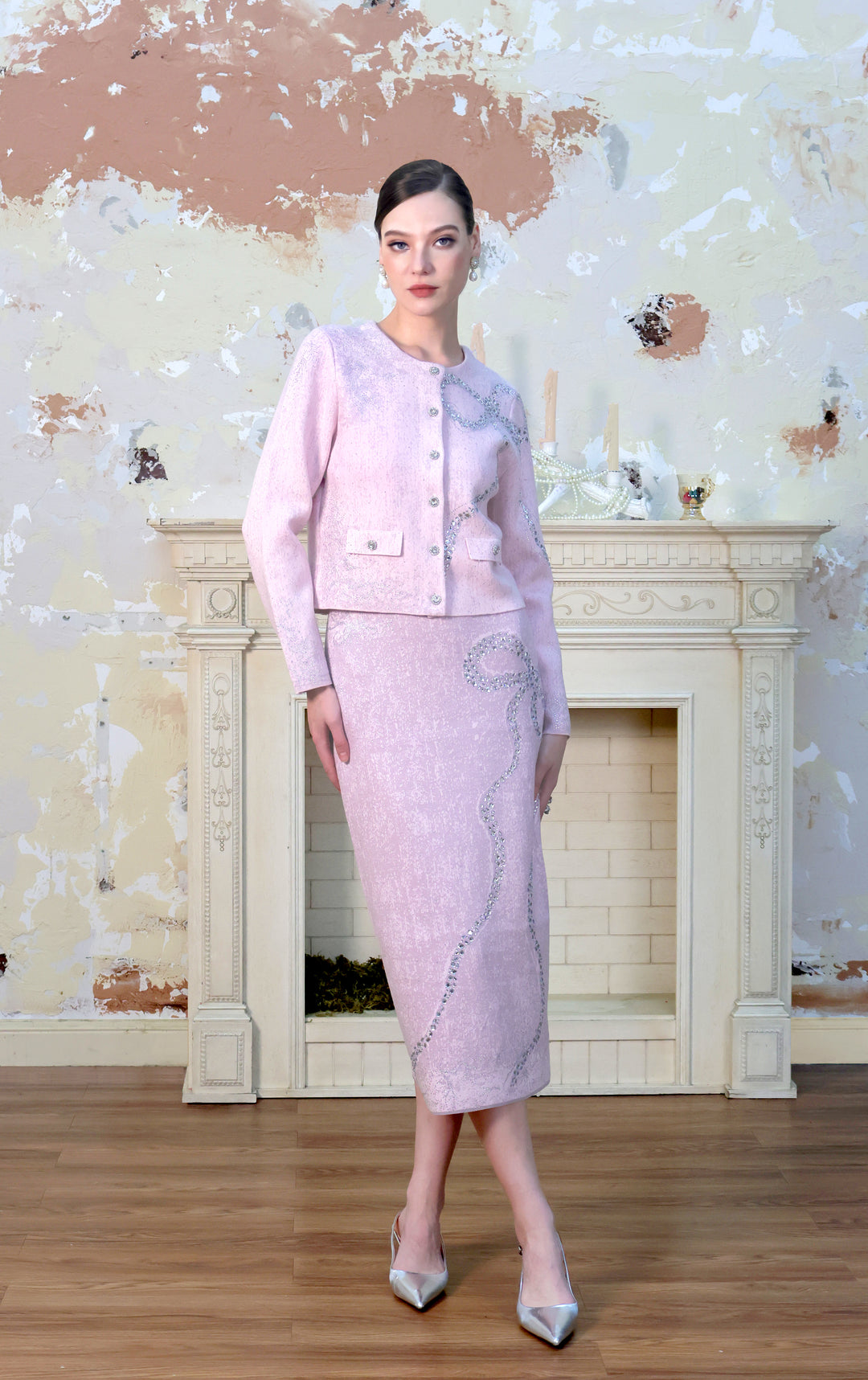 Diamond-Embellished Bow Elegant Pink Gray Knit Cardigan Top