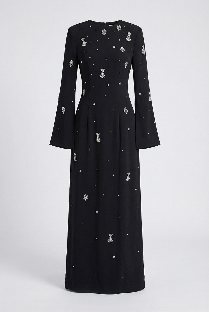 Elegant Diamond Embellished Black Maxi Evening Dress
