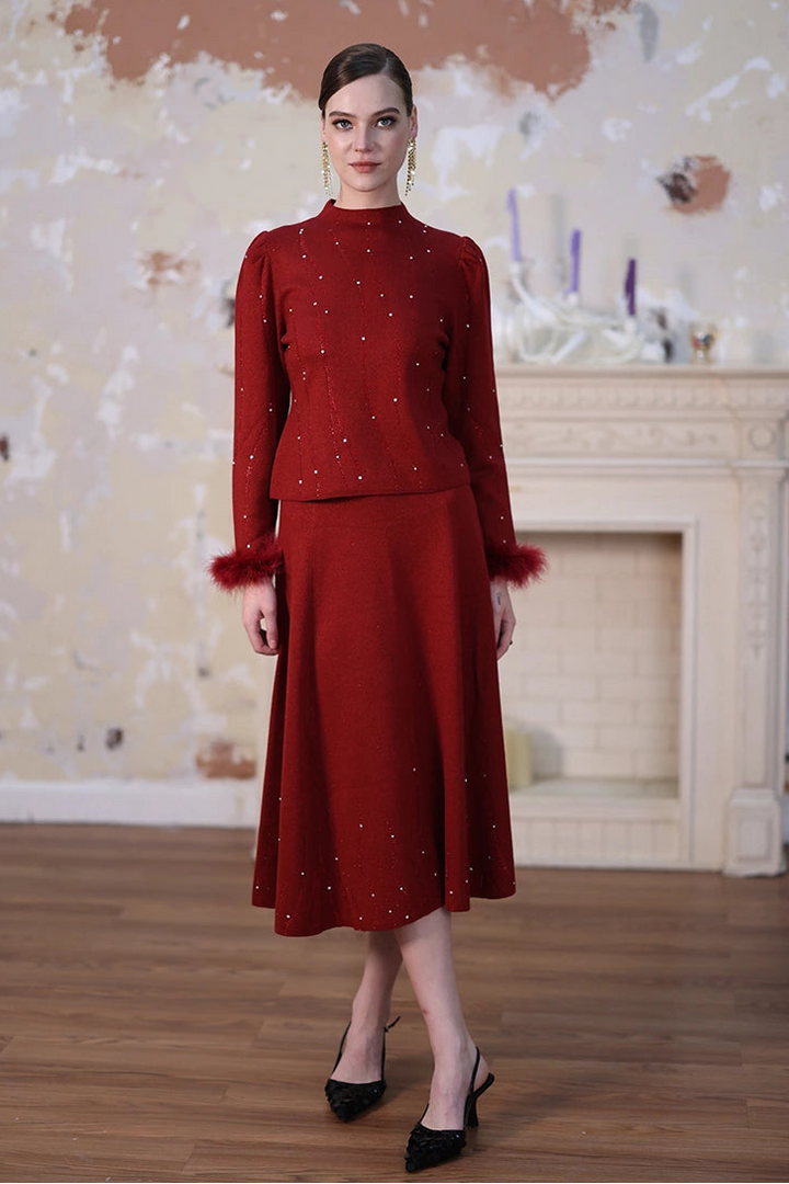 Sparkling Crystal-Embellished Feather Red Knit Sweater Top