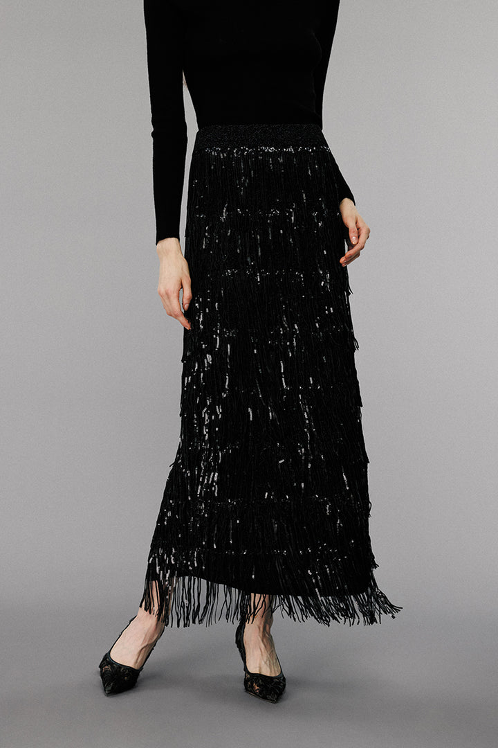 SOLELEGIA Black Sequin Fringe Midi Skirt