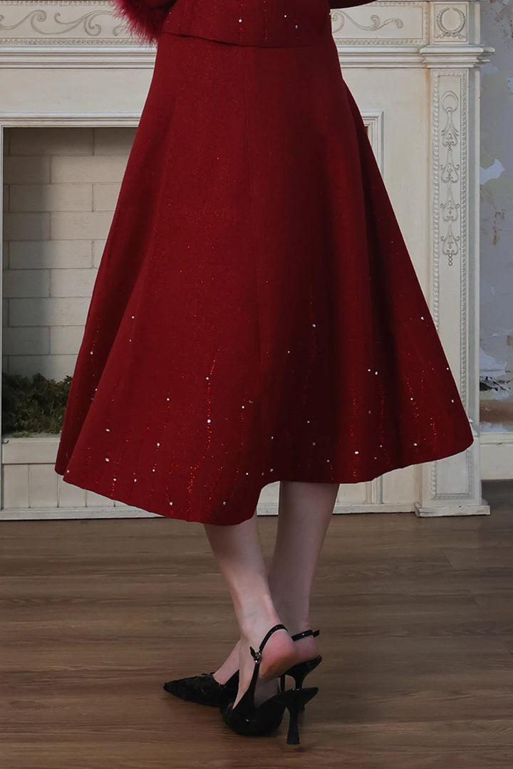 Starry Sky Pearl Embellished A-line Red Knit Skirt