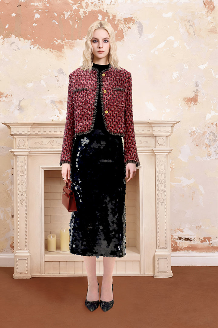 Red Wool Blend Tweed Jacket