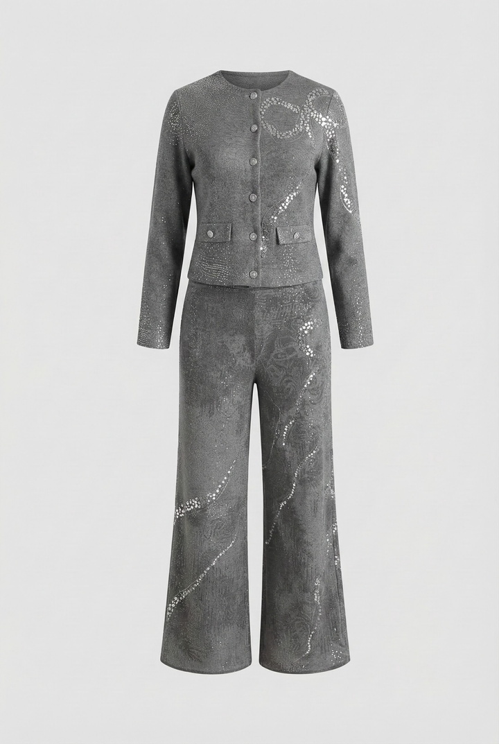 Diamond-Embellished Bow Elegant Pink Gray Knit Cardigan Top