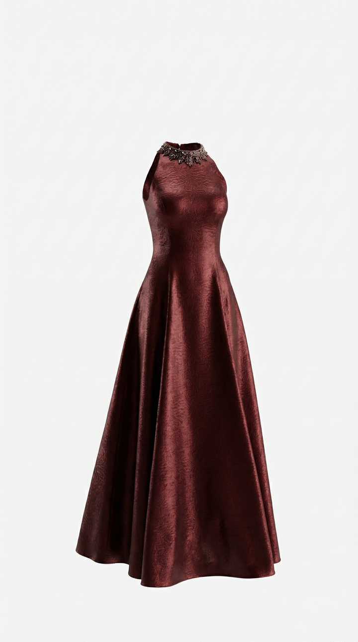 Burgundy Jacquard Neck Crystal Embellished Party Maxi Dress