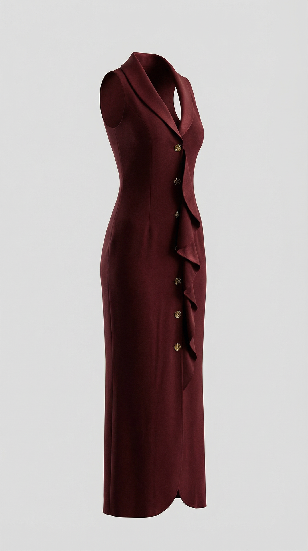 Burgundy Deep V-neck Lapel Sleeveless Evening Maxi Dress