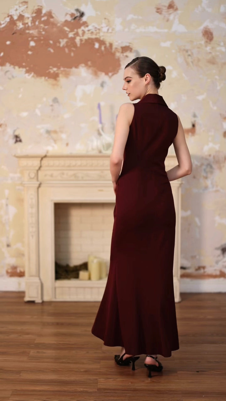Burgundy Deep V-neck Lapel Sleeveless Evening Maxi Dress