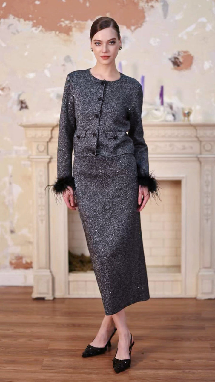 Feather Cuffs Shimmering Cardigan Top