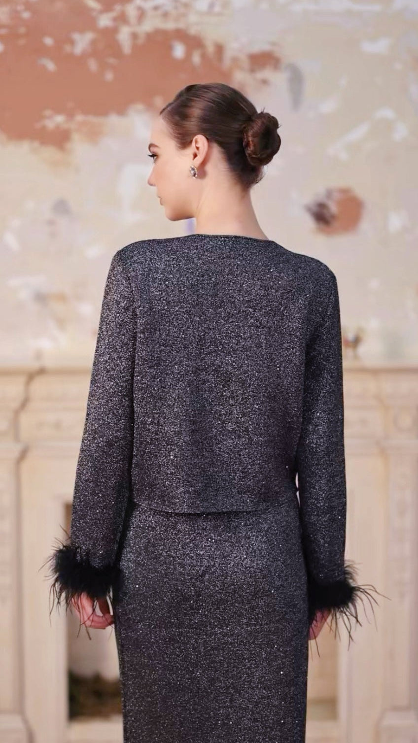 Feather Cuffs Shimmering Cardigan Top