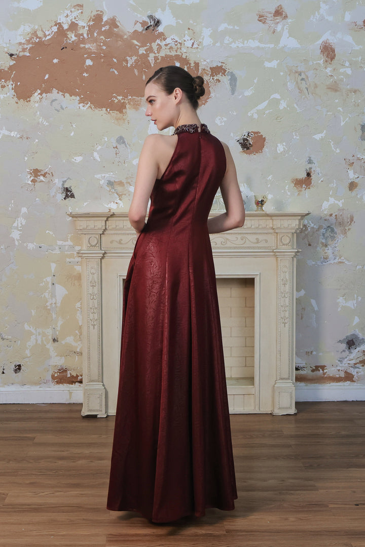 Burgundy Jacquard Neck Crystal Embellished Party Maxi Dress
