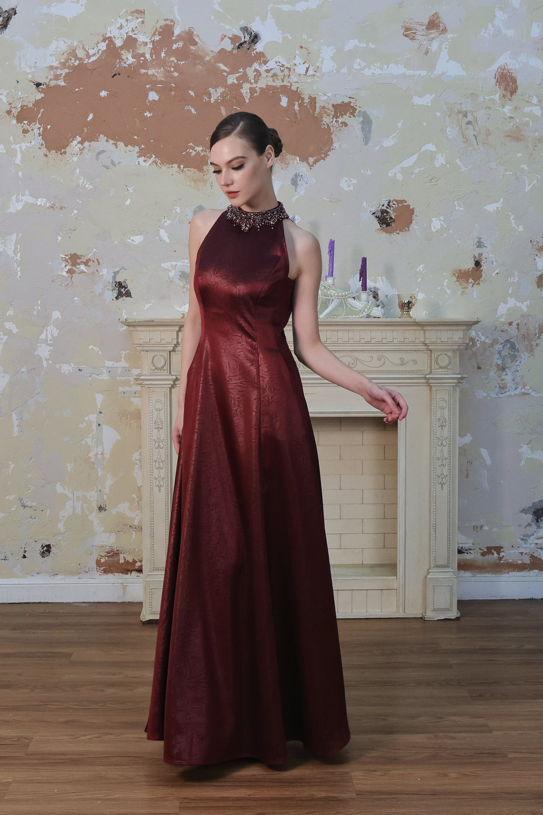 Burgundy Jacquard Neck Crystal Embellished Party Maxi Dress