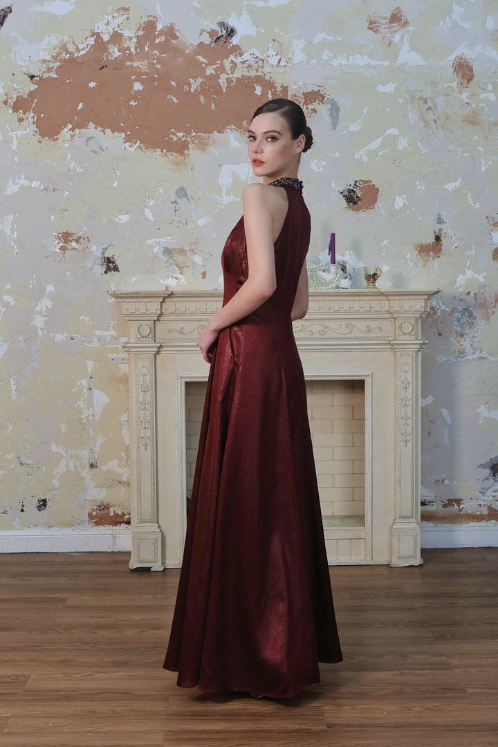 Burgundy Jacquard Neck Crystal Embellished Party Maxi Dress