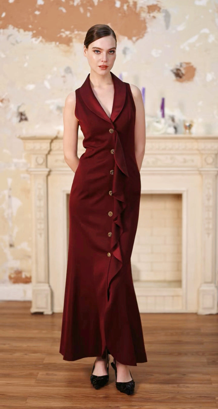 Burgundy Deep V-neck Lapel Sleeveless Evening Maxi Dress