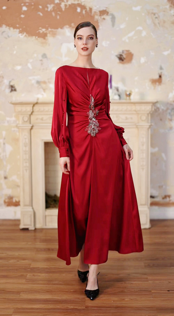 Puff-sleeved Pleated Waist Beading Maxi Party Dress