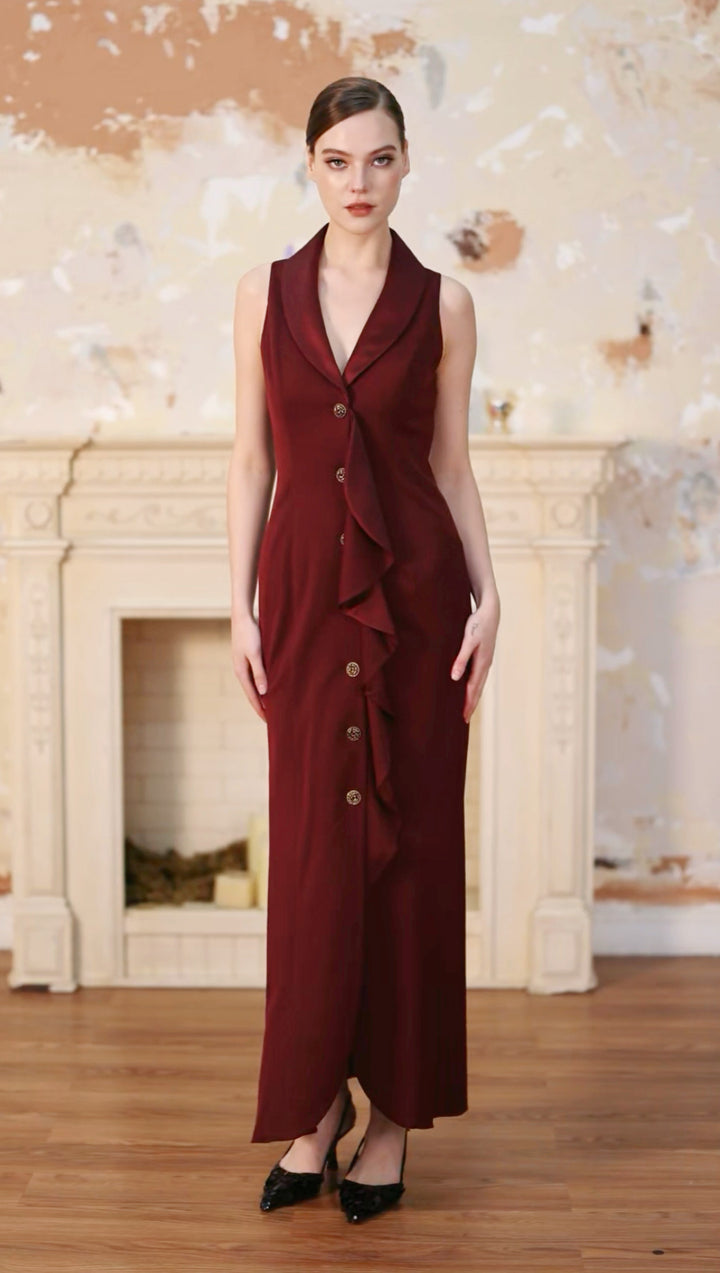 Burgundy Deep V-neck Lapel Sleeveless Evening Maxi Dress