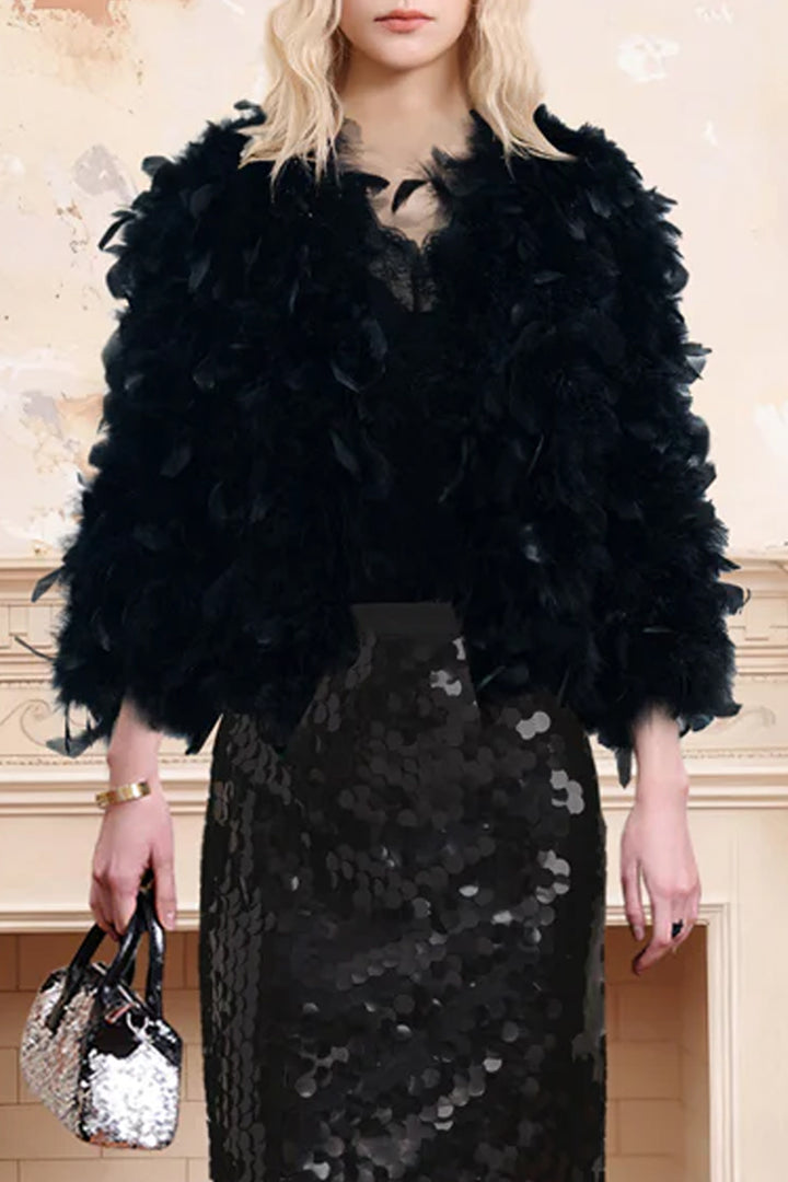 Black Feather Short Jacket – Luxurious Layered Fur Outerwear