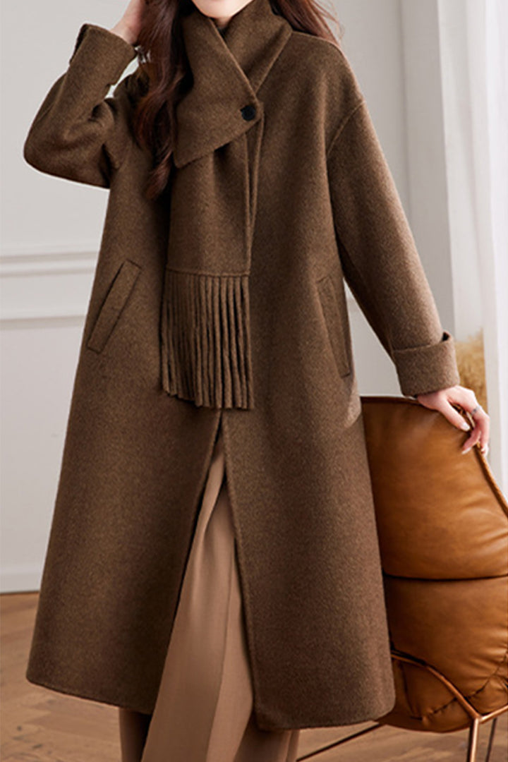 Detachable Scarf Wool Blend Long Coat