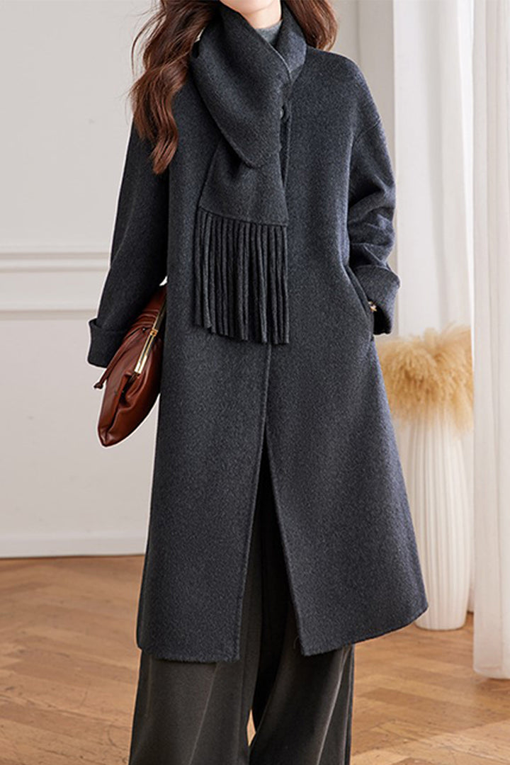 Detachable Scarf Wool Blend Long Coat