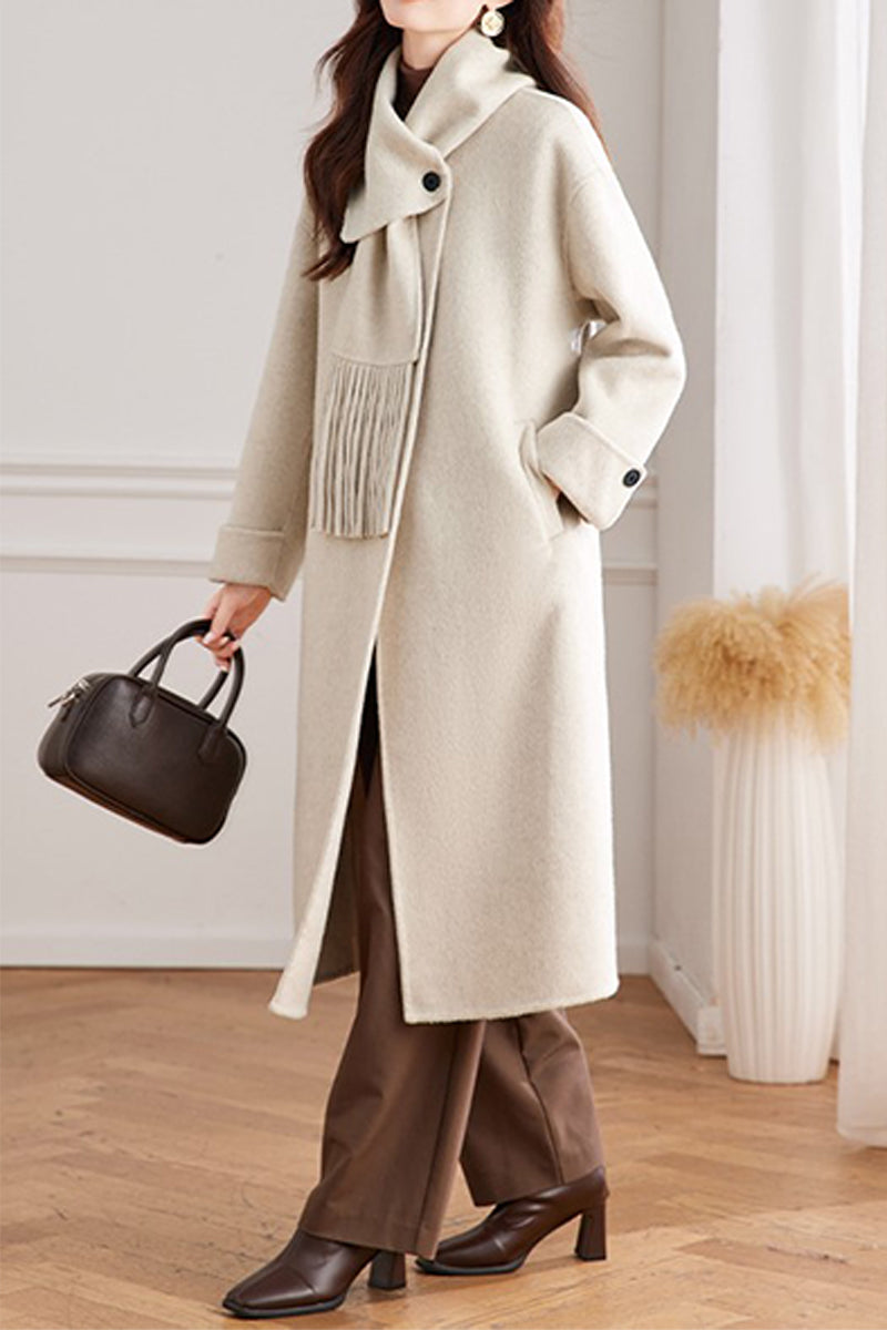 Detachable Scarf Wool Blend Long Coat