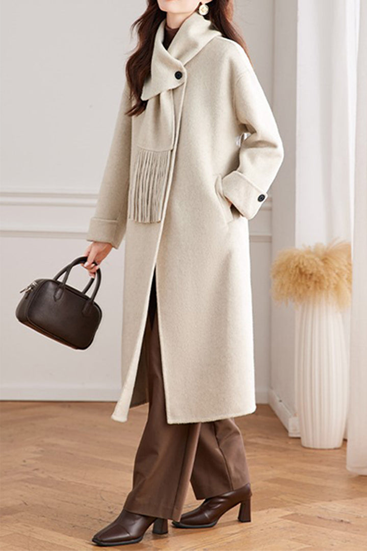 Detachable Scarf Wool Blend Long Coat