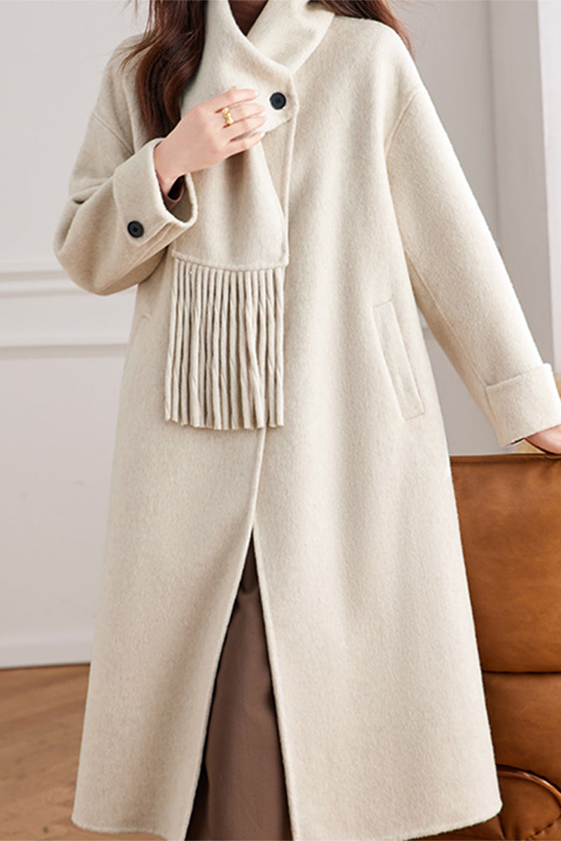Detachable Scarf Wool Blend Long Coat