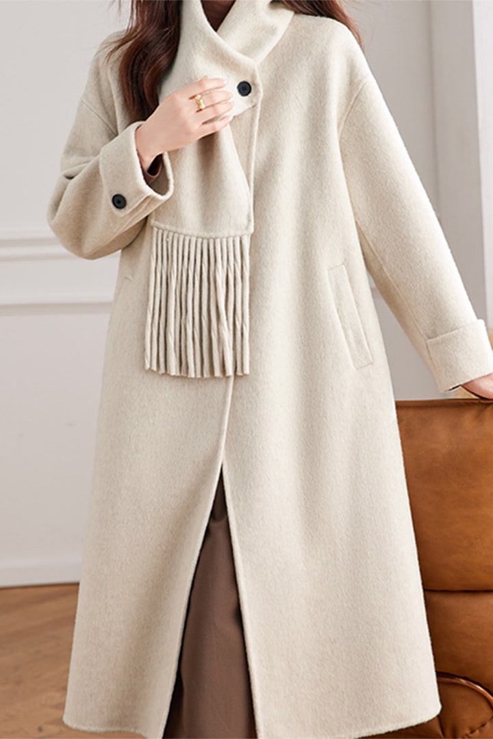 Detachable Scarf Wool Blend Long Coat