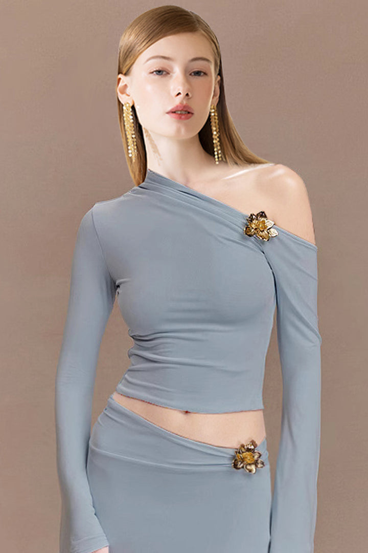 Asymmetric Off-Shoulder Pleated Fishtail Two-Piece Set