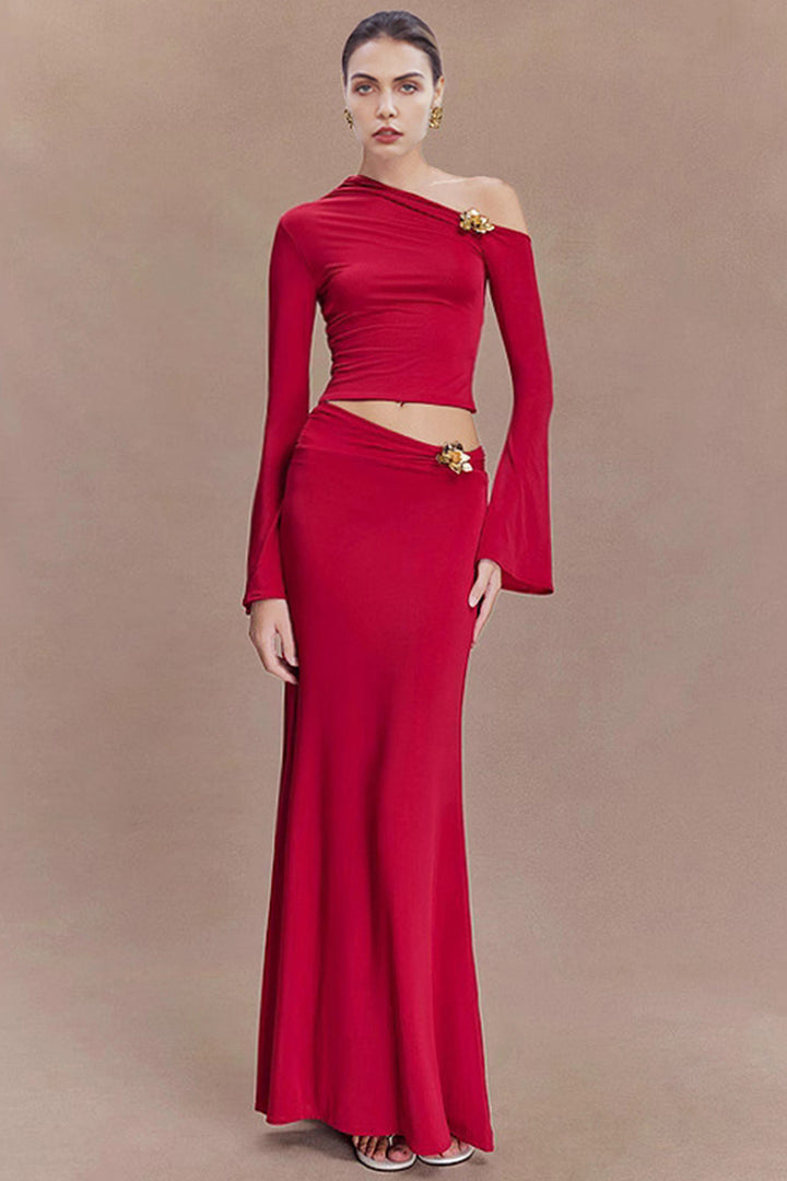 Asymmetric Off-Shoulder Pleated Fishtail Two-Piece Set