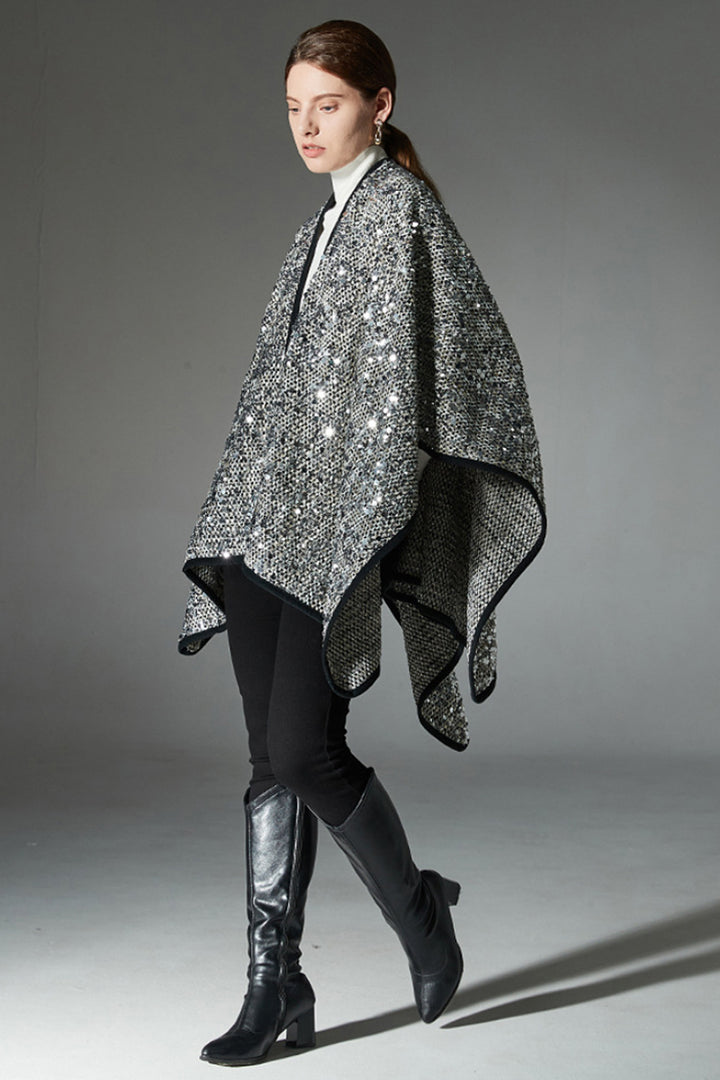 Urban Silver Sequin Cape – Shimmer Woven Statement Shawl