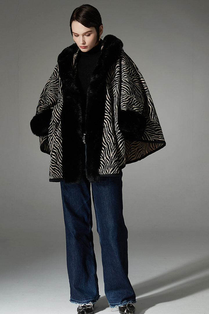 Zebra Pattern Faux-Fur Hooded Cape