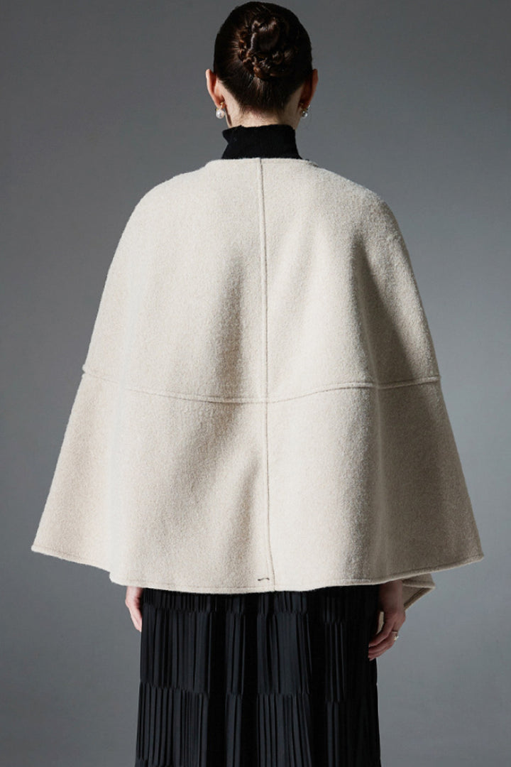 Asymmetric Double-Faced Wool Cape with Button Closure