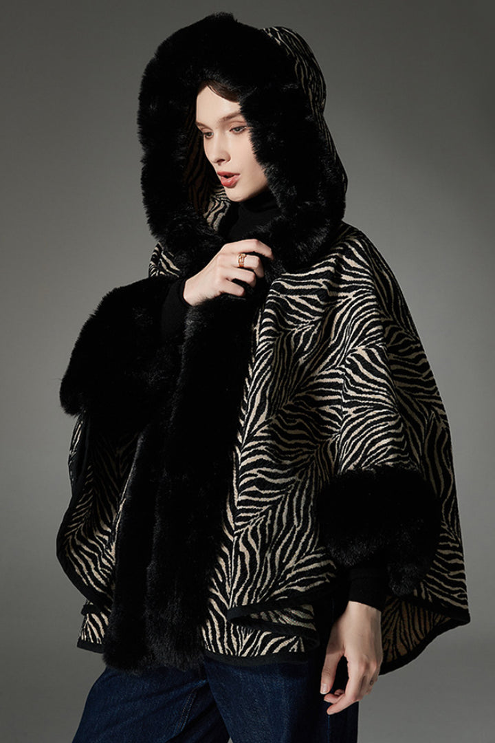 Zebra Pattern Faux-Fur Hooded Cape