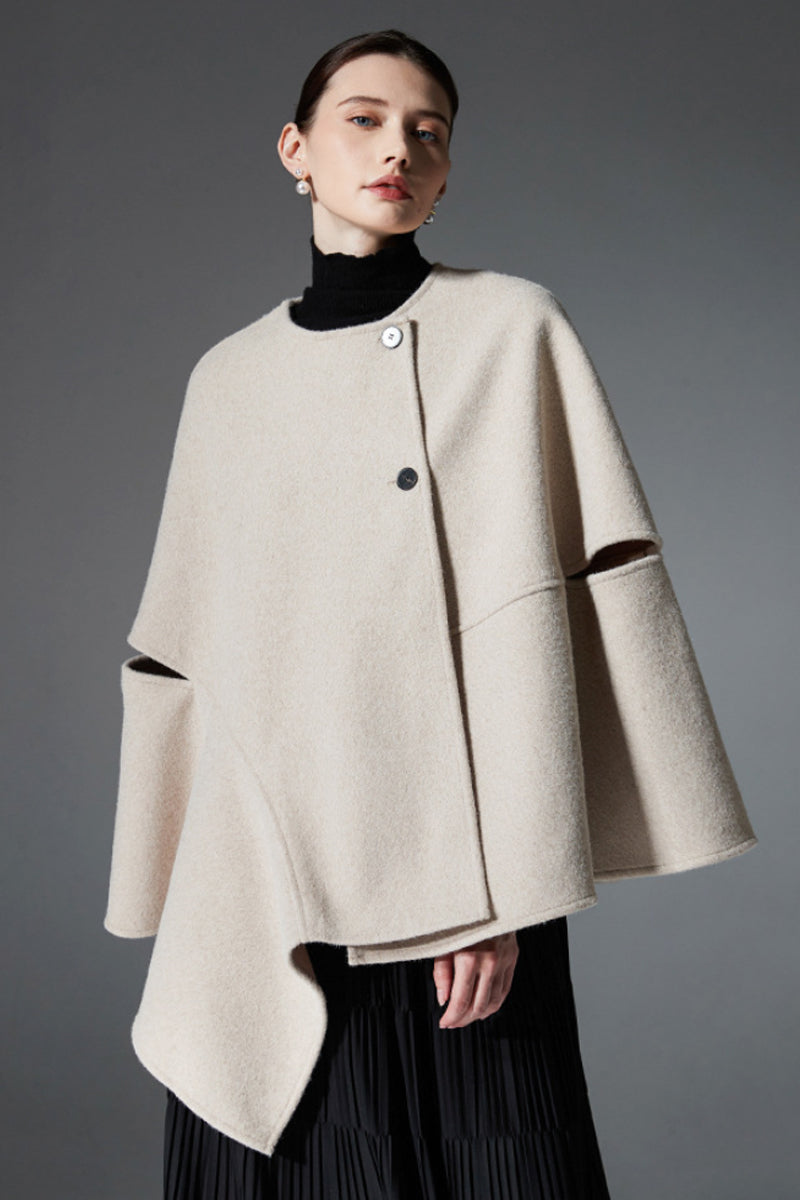 Asymmetric Double-Faced Wool Cape with Button Closure