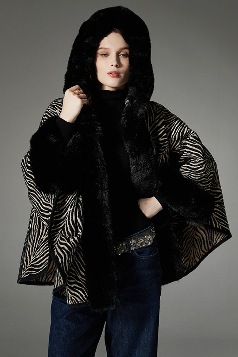 Zebra Pattern Faux-Fur Hooded Cape