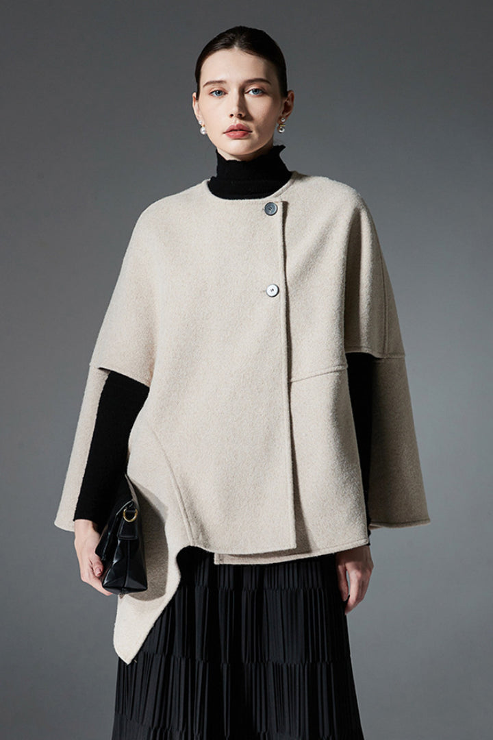 Asymmetric Double-Faced Wool Cape with Button Closure