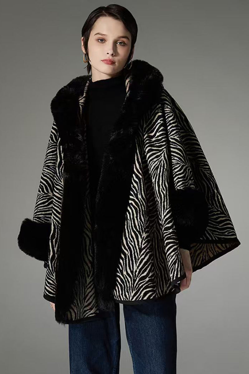 Zebra Pattern Faux-Fur Hooded Cape