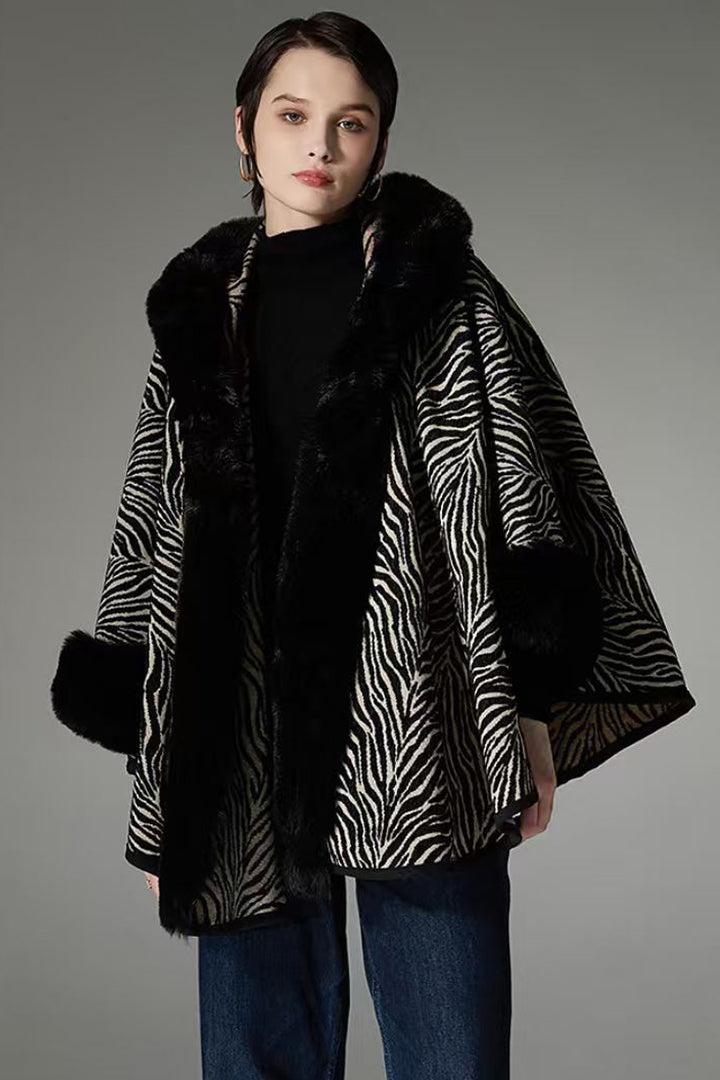 Zebra Pattern Faux-Fur Hooded Cape