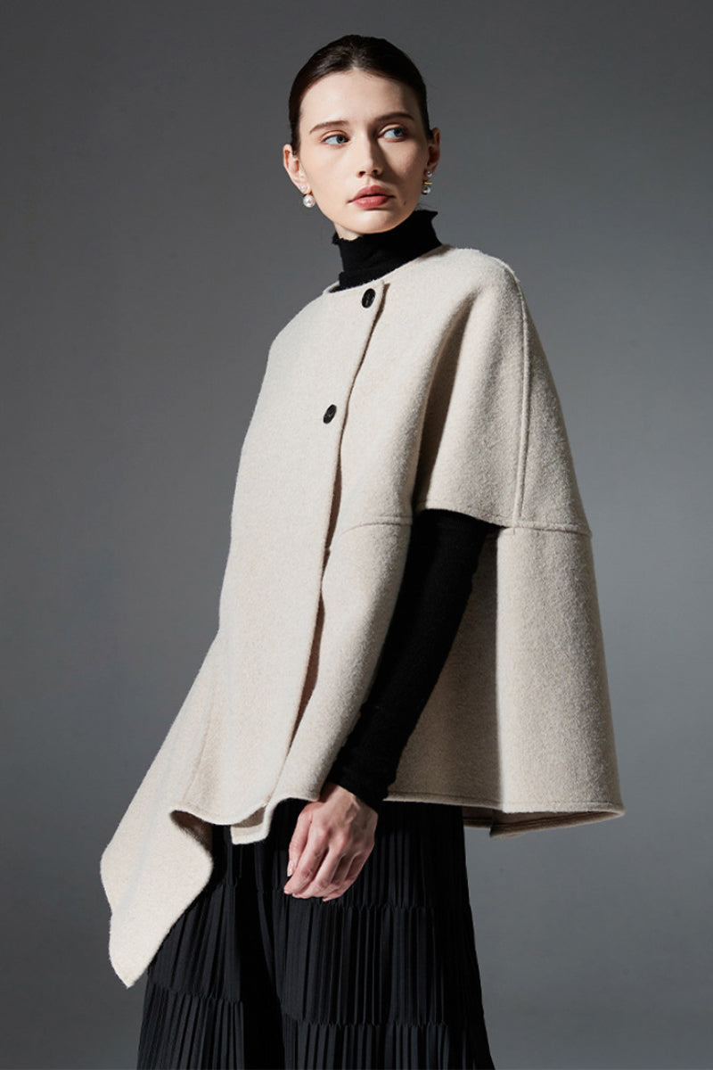 Asymmetric Double-Faced Wool Cape with Button Closure
