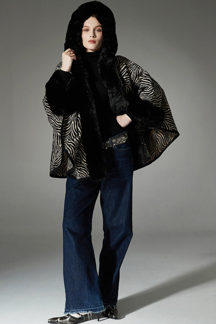 Zebra Pattern Faux-Fur Hooded Cape