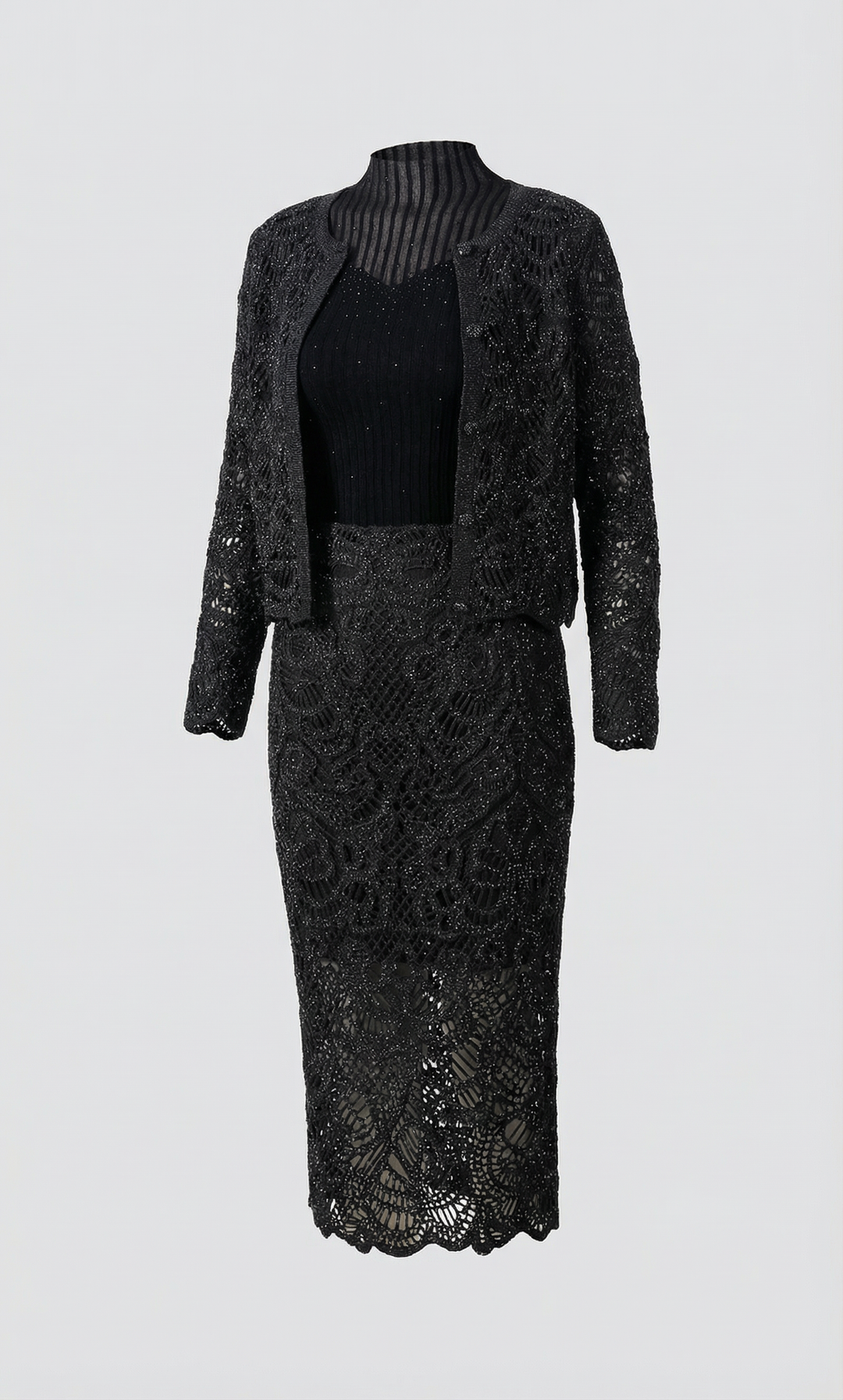 Luxury Sparkling Diamond Decoration Black Hollow Out Cardigan