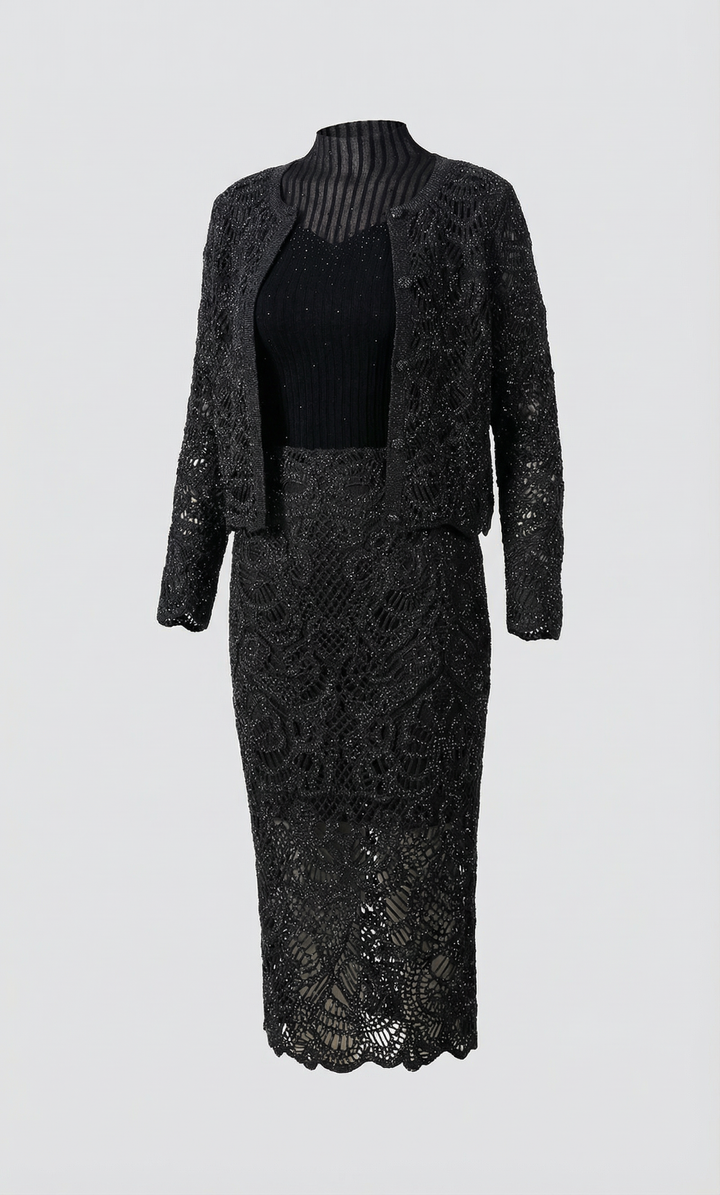 Luxury Sparkling Diamond Decoration Black Hollow Out Cardigan