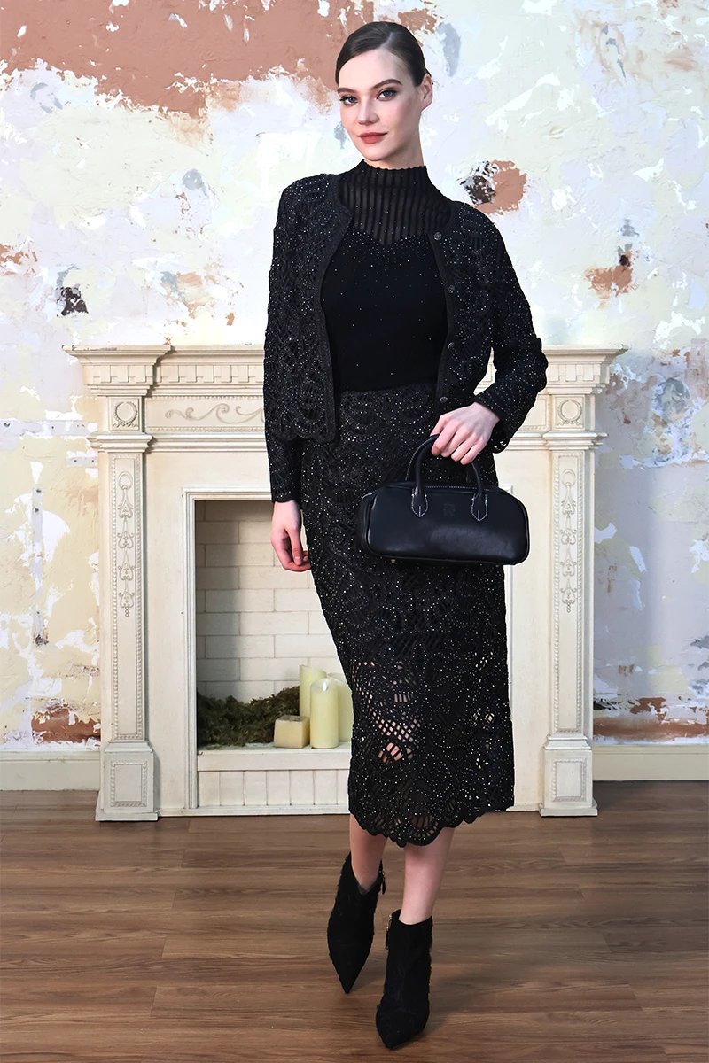 Luxury Sparkling Diamond Decoration Black Hollow Out Cardigan