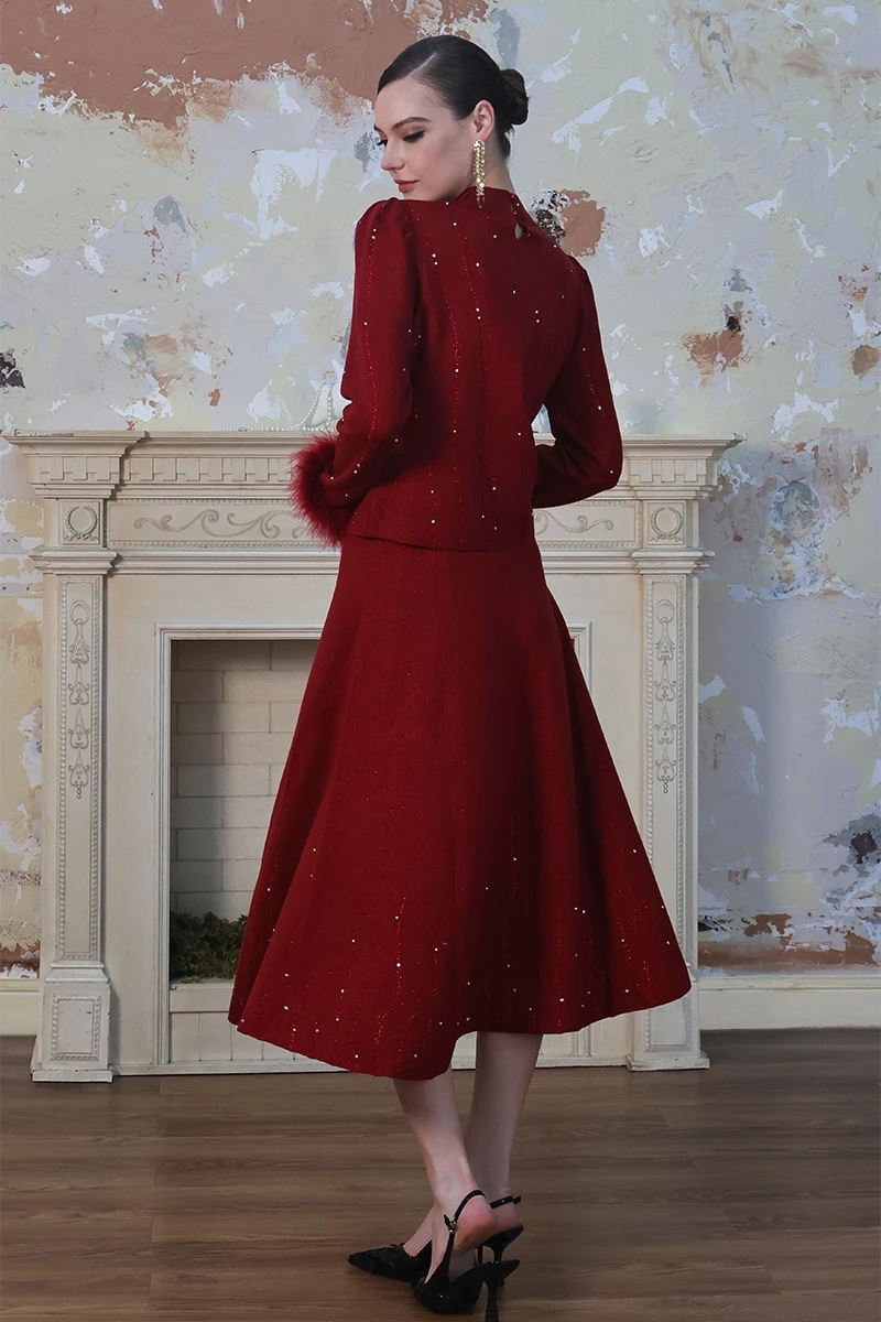 Sparkling Crystal-Embellished Feather Red Knit Sweater Top